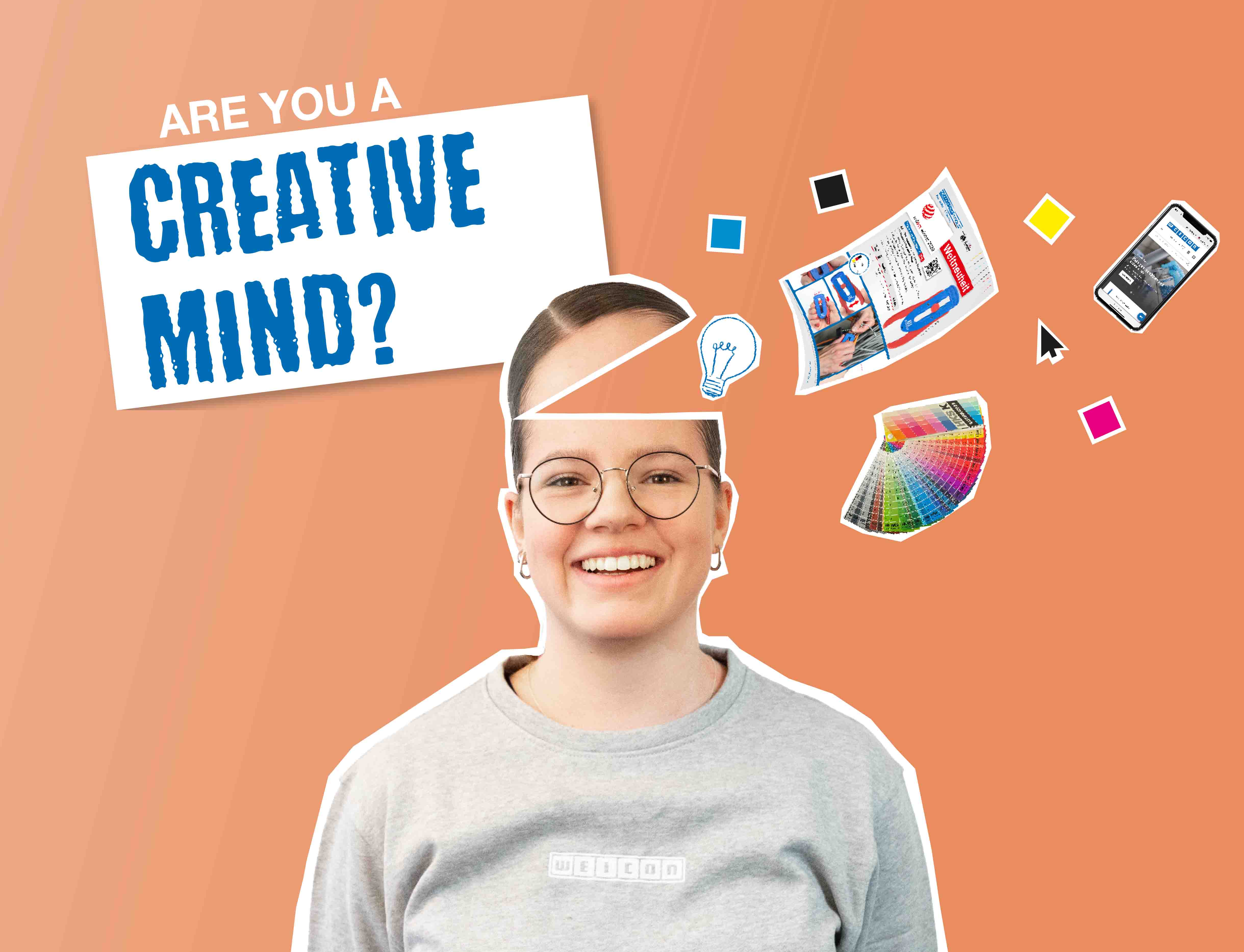 Jeune femme avec la tête ouverte d'où sortent des couleurs, des flyers et un téléphone portable