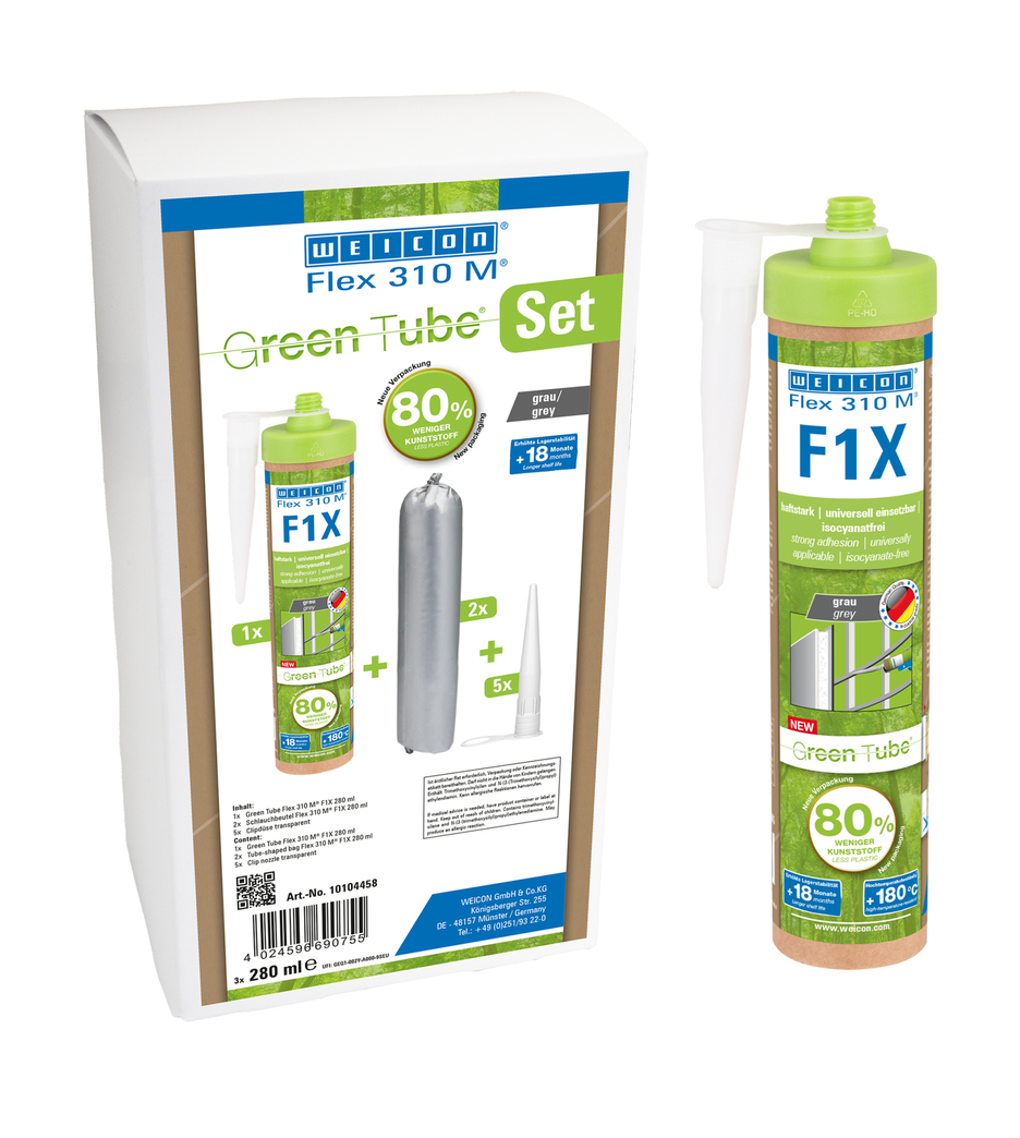 WEICON Green Tube Flex 310 M F1X | Scellant adhésif avec une très forte adhérence initiale à base de Ms-polymère, résistant aux températures jusqu’à 180°C