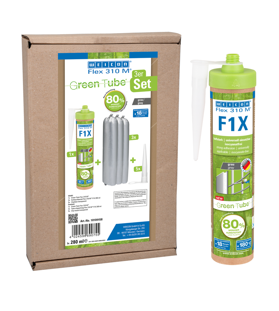 WEICON Green Tube Flex 310 M F1X | Scellant adhésif avec une très forte adhérence initiale à base de Ms-polymère, résistant aux températures jusqu’à 180°C