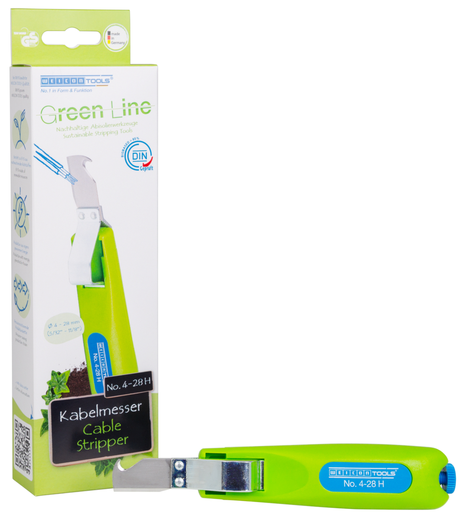WEICON Couteau à dégainer No. 4-28 H Green Line | compris lame crochue et capuchon de protection, capacité 4 - 28 mm Ø