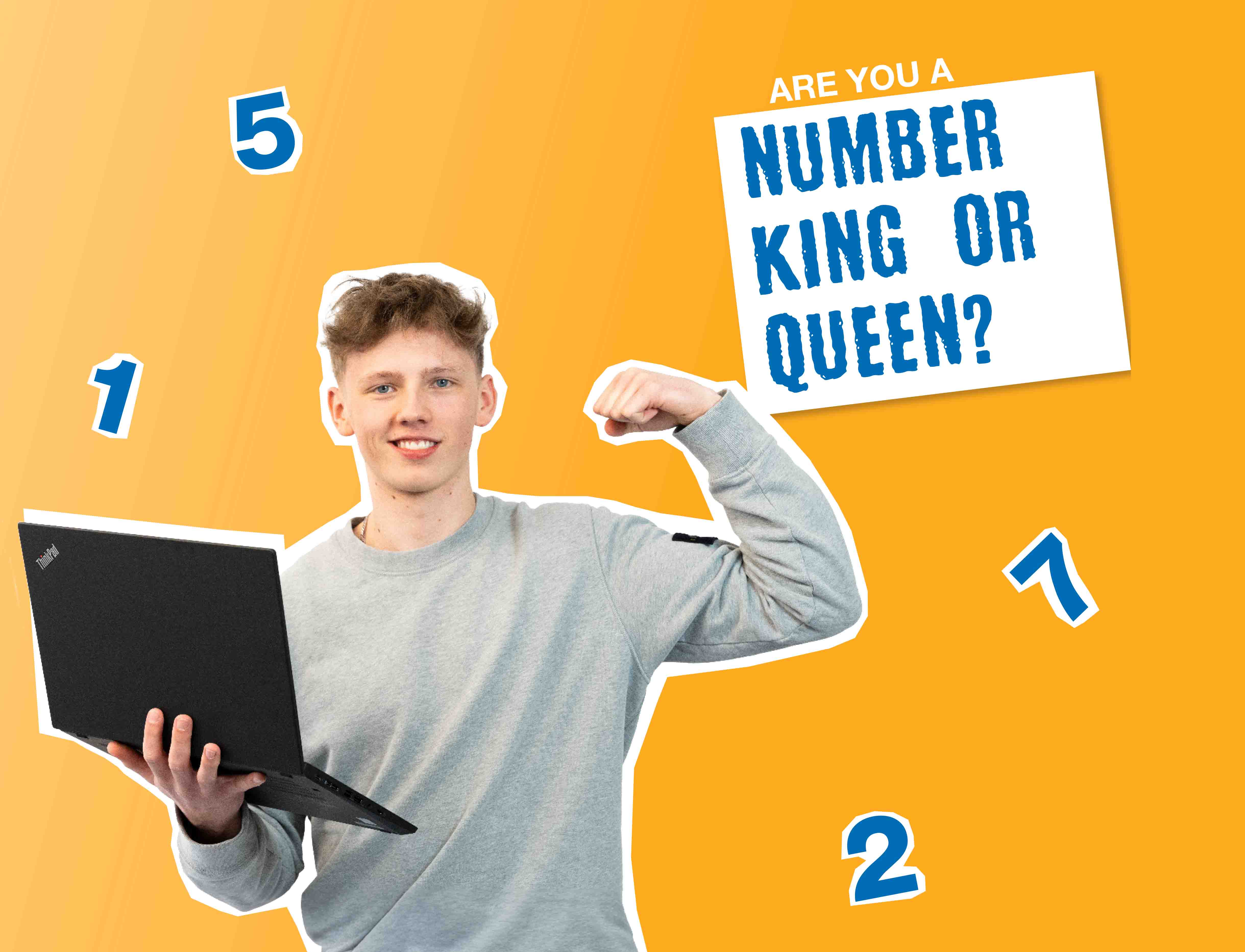 Young man with laptop in hand, smiling, surrounded by numbers, next to text ‘Are you good with numbers?’