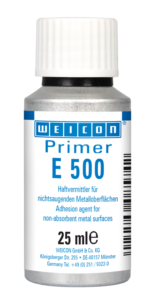 Primaire E 500 | Agent d’adhérence pour les surfaces métalliques non-absorbantes, particulièrement pour les silicones Primaire E 500 | Agent d’adhérence pour les surfaces métalliques non-absorbantes, particulièrement pour les silicones